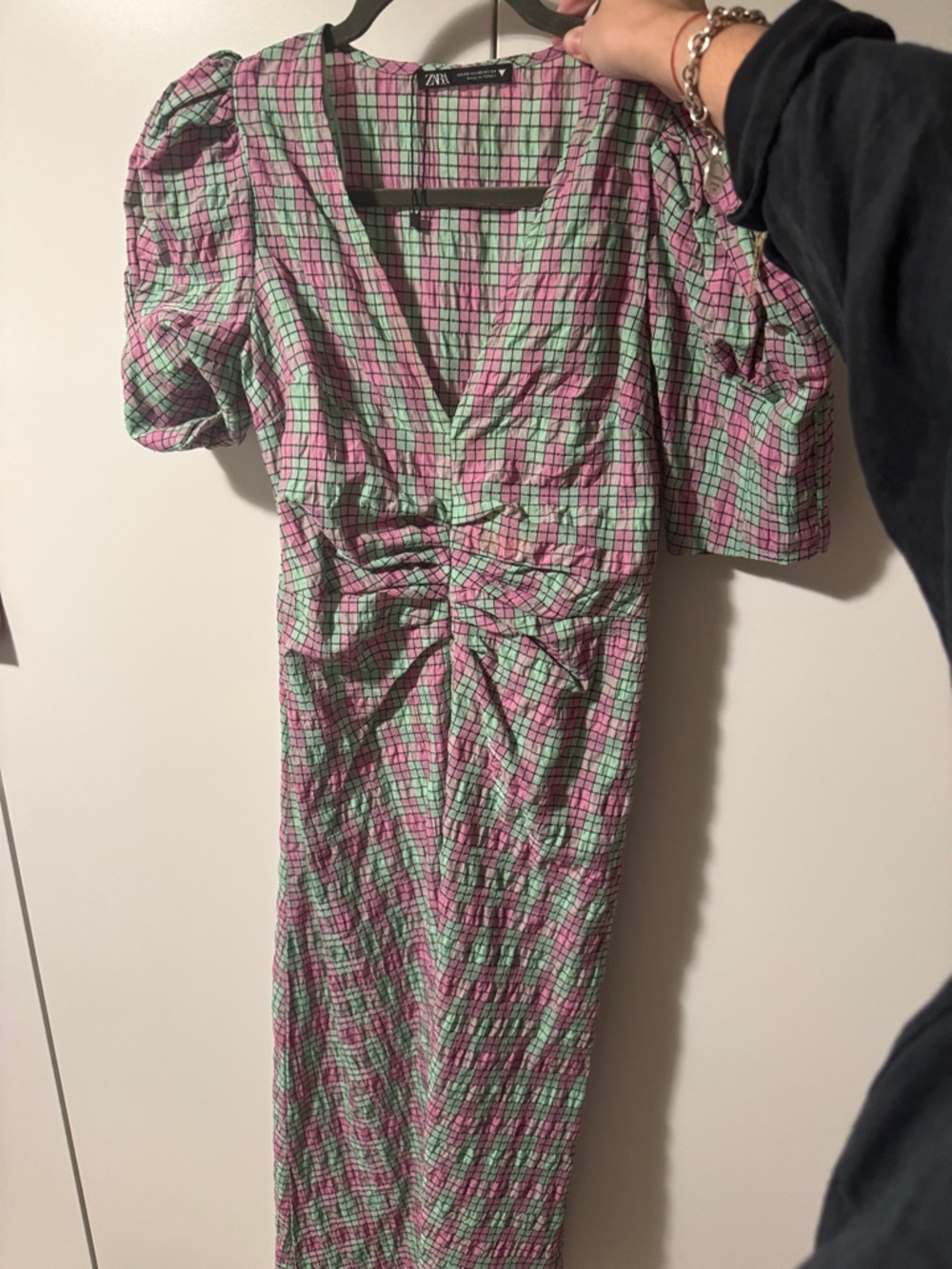 Zara Pink & Mint Check Puff-Sleeve Midi Dress